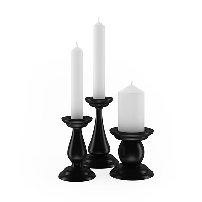 Elegant Decorative Ornament Set with Three Black Candle Holders and White Candles 3d model