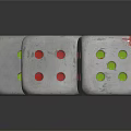 Three White Dice With Colorful Dots For Board Game Entertainment On Dark Reflective Surface