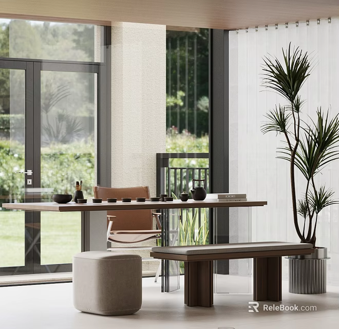 Serene Modern Tea Room Interior With Wooden Table Comfortable Chairs And Natural Light 3d model 