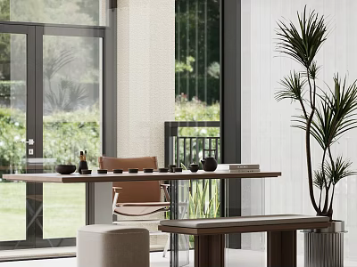 Serene Modern Tea Room Interior With Wooden Table Comfortable Chairs And Natural Light 3d model