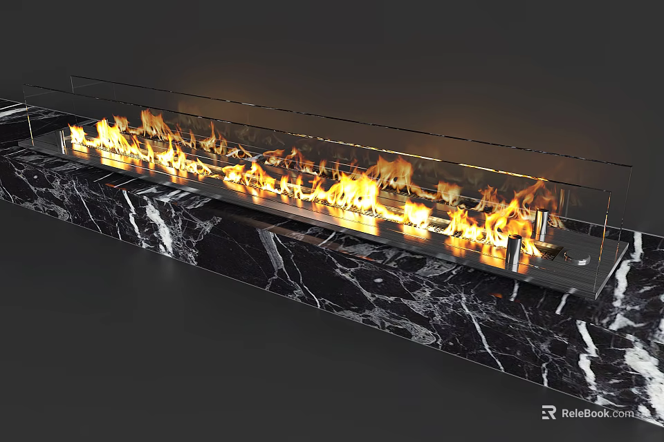 Elegant Modern Fireplace With Marble Base And Burning Flames Interior Design 3d model 