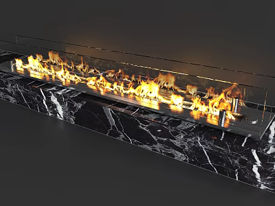 Elegant Modern Fireplace With Marble Base And Burning Flames Interior Design 3d model