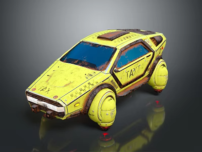 Rusty Yellow Taxi With Large Round Wheels Solar Panel Roof And TAXI Lettering 3d model
