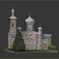 Cartoon Scene Of Church With Red Brick Walls Silver Domes Tower Green Trees And Grass