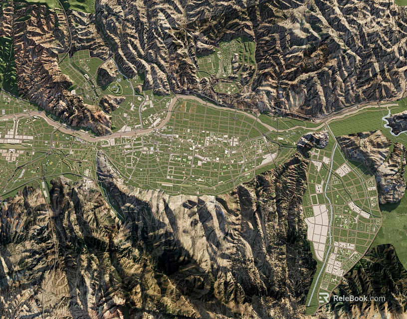 Comprehensive Aerial Planning of Mountain Surrounded River Valley with Green Urban Layout 3d model 