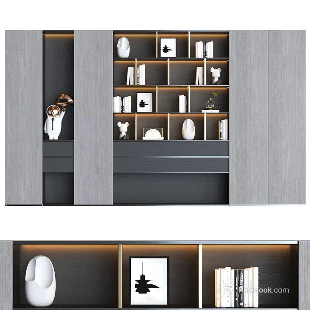 Modern Grey Bookcase with Open Shelves Holding Books Decorative Figurines and Framed Art 3d model 