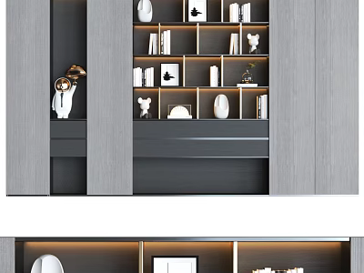 Modern Grey Bookcase with Open Shelves Holding Books Decorative Figurines and Framed Art 3d model