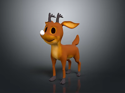 3D Cartoon Reindeer Model Standing With Brown Body White Nose Small Antlers And Smiling Expression 3d model