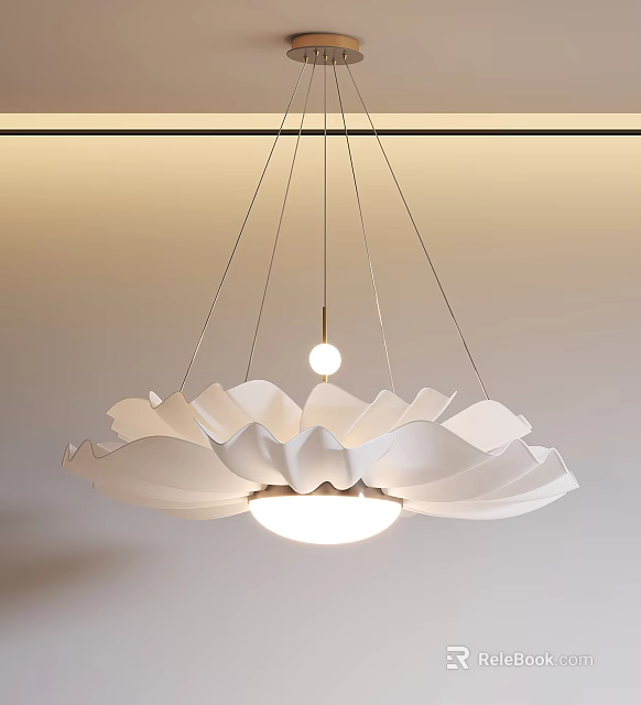Elegant White Petal Shaped Chandelier With Central Hanging Bulb Design 3d model 