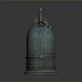 Ancient Bronze Bell With Intricate Top Ornament And Detailed Surface Patterns