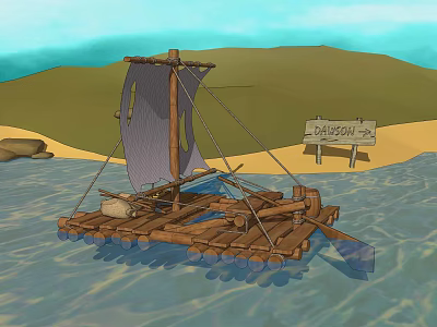 Wooden Boat Made of Wooden Planks With Sail on Water Near Mountain and Beach 3d model