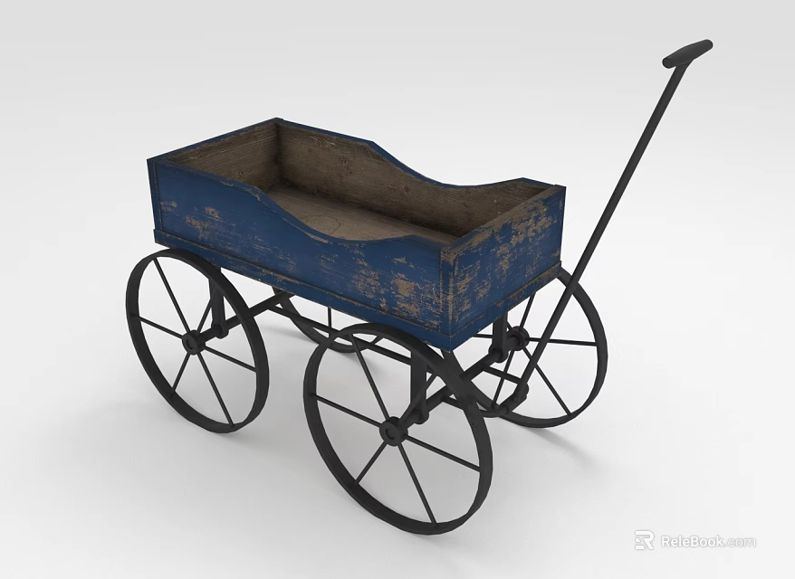 Old Blue Wooden Wagon With Worn Finish And Four Black Wheels 3d model 