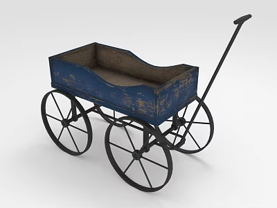 Old Blue Wooden Wagon With Worn Finish And Four Black Wheels 3d model