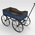 Old Blue Wooden Wagon With Worn Finish And Four Black Wheels