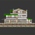 Cartoon Style House With Green Roof Multiple Floors Balcony And Grass Area
