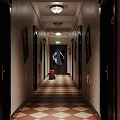 Long Dark Corridor With Ceiling Lights Framed Pictures Checkerboard Floor And Exit Sign