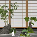 Serene Japanese Style Indoor Landscape With Bamboo Stones Moss And Wooden Shoji Doors