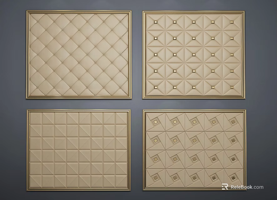Beige Upholstered Panels with Various Quilted Patterns and Gold Frames for Interior Decor 3d model 