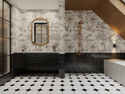 Stylish Bathroom Interior With Gold Framed Mirror Tropical Wallpaper Black Vanity And Hexagon Floor Tiles 3d model