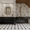 Stylish Bathroom Interior With Gold Framed Mirror Tropical Wallpaper Black Vanity And Hexagon Floor Tiles