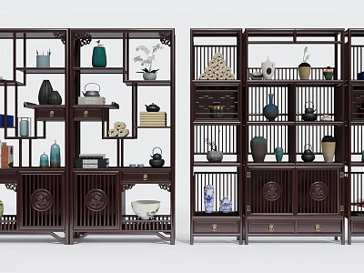 Traditional Chinese Wooden Curio Shelf With Decorative Vases Teapots And Ornaments 3d model