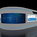 Sleek Modern Exhibition Display With White Curved Island And Multiple Blue Screens