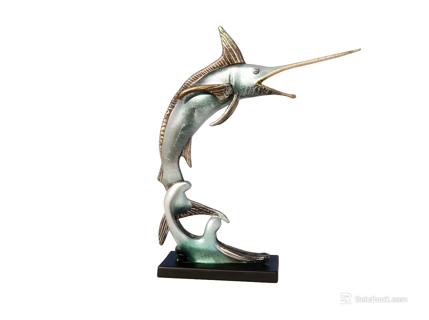 Decorative Leaping Swordfish Sculpture With Green Silver Finish And Black Base 3d model 