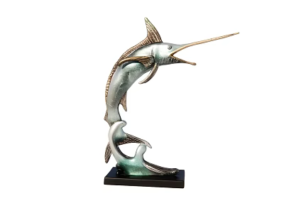 Decorative Leaping Swordfish Sculpture With Green Silver Finish And Black Base 3d model