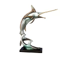 Decorative Leaping Swordfish Sculpture With Green Silver Finish And Black Base