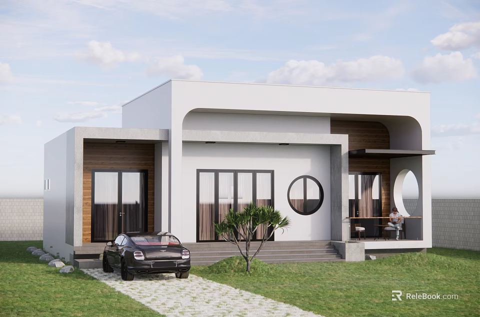 Modern Detached Villa With White Exterior Large Windows Stone Pathway And Black Car On Lawn 3d model 