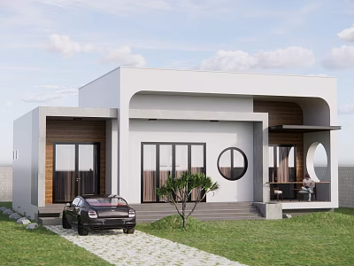 Modern Detached Villa With White Exterior Large Windows Stone Pathway And Black Car On Lawn 3d model