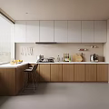 Modern Kitchen Interior With White Upper Cabinets Wooden Lower Cabinets Large Window And Bar Stools