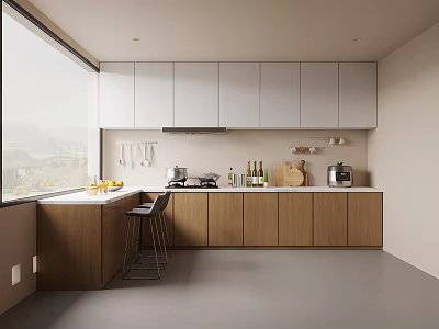 Modern Kitchen Interior With White Upper Cabinets Wooden Lower Cabinets Large Window And Bar Stools 3d model