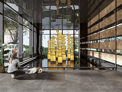 Modern Lobby With Glass Walls Art Installations Woman And Dog 3d model