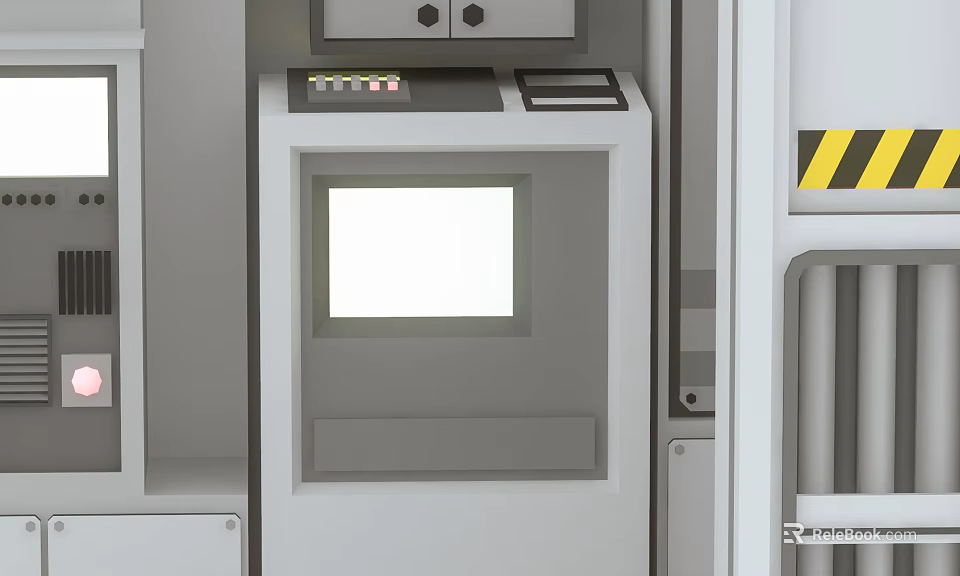 Cartoon Scene Featuring White Machine With Screen Panel And Warning Strips 3d model 