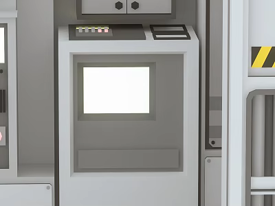 Cartoon Scene Featuring White Machine With Screen Panel And Warning Strips 3d model