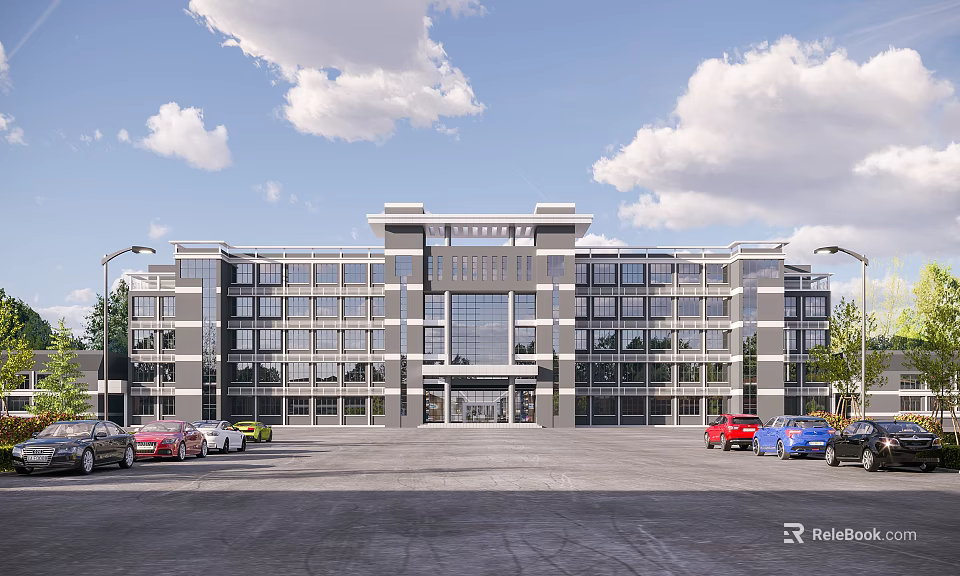 Modern Multi Story School Building With Glass Windows Main Entrance And Parking Lot 3d model 
