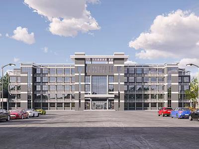Modern Multi Story School Building With Glass Windows Main Entrance And Parking Lot 3d model