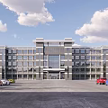 Modern Multi Story School Building With Glass Windows Main Entrance And Parking Lot