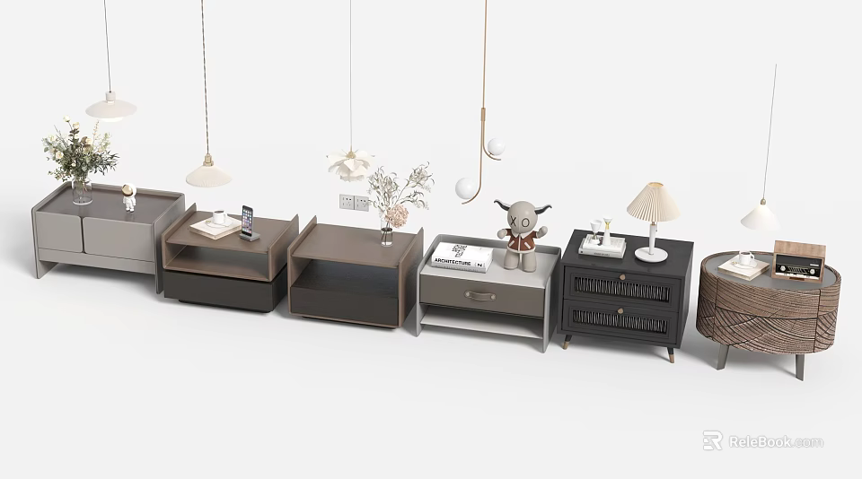 Various Style Nightstands With Table Lamps And Small Decorations 3d model