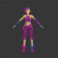 Woman 3D Character With Blue Hair Pigtails Purple Pants Arm Braces And Star Tattoo