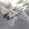 Military Fighter Jet Flying Through Clouds with Deployed Landing Gear and Missiles