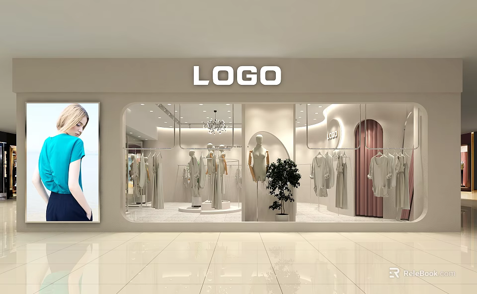 Modern Shopping Mall Clothing Store With Window Display Mannequin Hanging Apparel Curved Design And Green Plant 3d model 