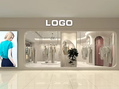 Modern Shopping Mall Clothing Store With Window Display Mannequin Hanging Apparel Curved Design And Green Plant 3d model
