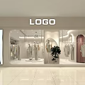Modern Shopping Mall Clothing Store With Window Display Mannequin Hanging Apparel Curved Design And Green Plant
