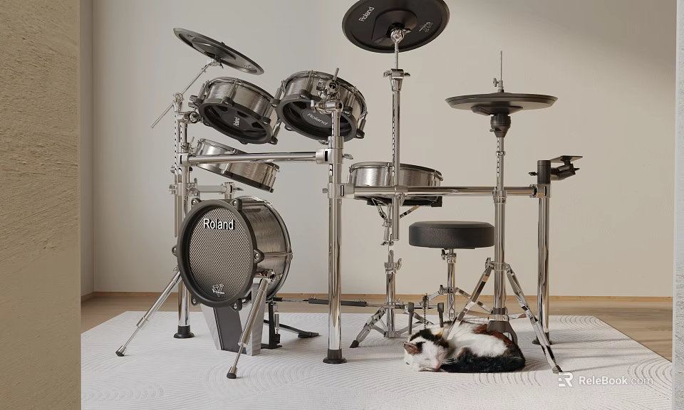 Modern Drum Set Musical Instrument With Cymbals And Cat Resting On Indoor Rug 3d model 