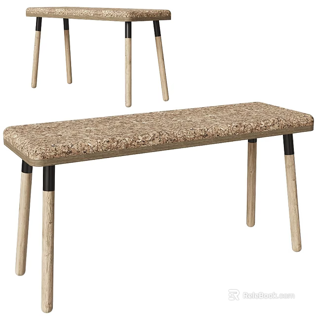 Modern Wooden Bench With Cork Seat And Natural Legs Black Connector Details 3d model 