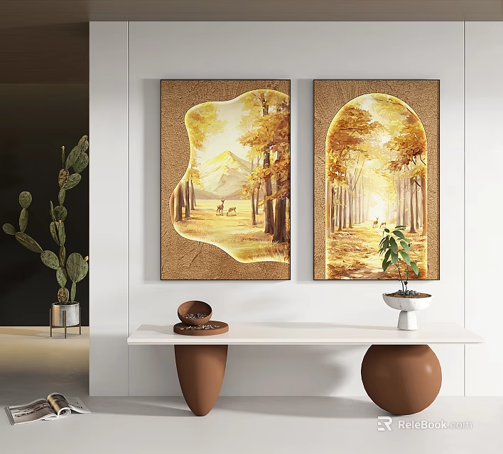 Warm Golden Decorative Paintings Interior With Forest Path Mountain View Table Decor And Cactus 3d model