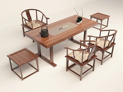Wooden Tea Table and Chairs Set with Stools Teapot Tray and Decorative Plant 3d model