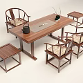 Wooden Tea Table and Chairs Set with Stools Teapot Tray and Decorative Plant